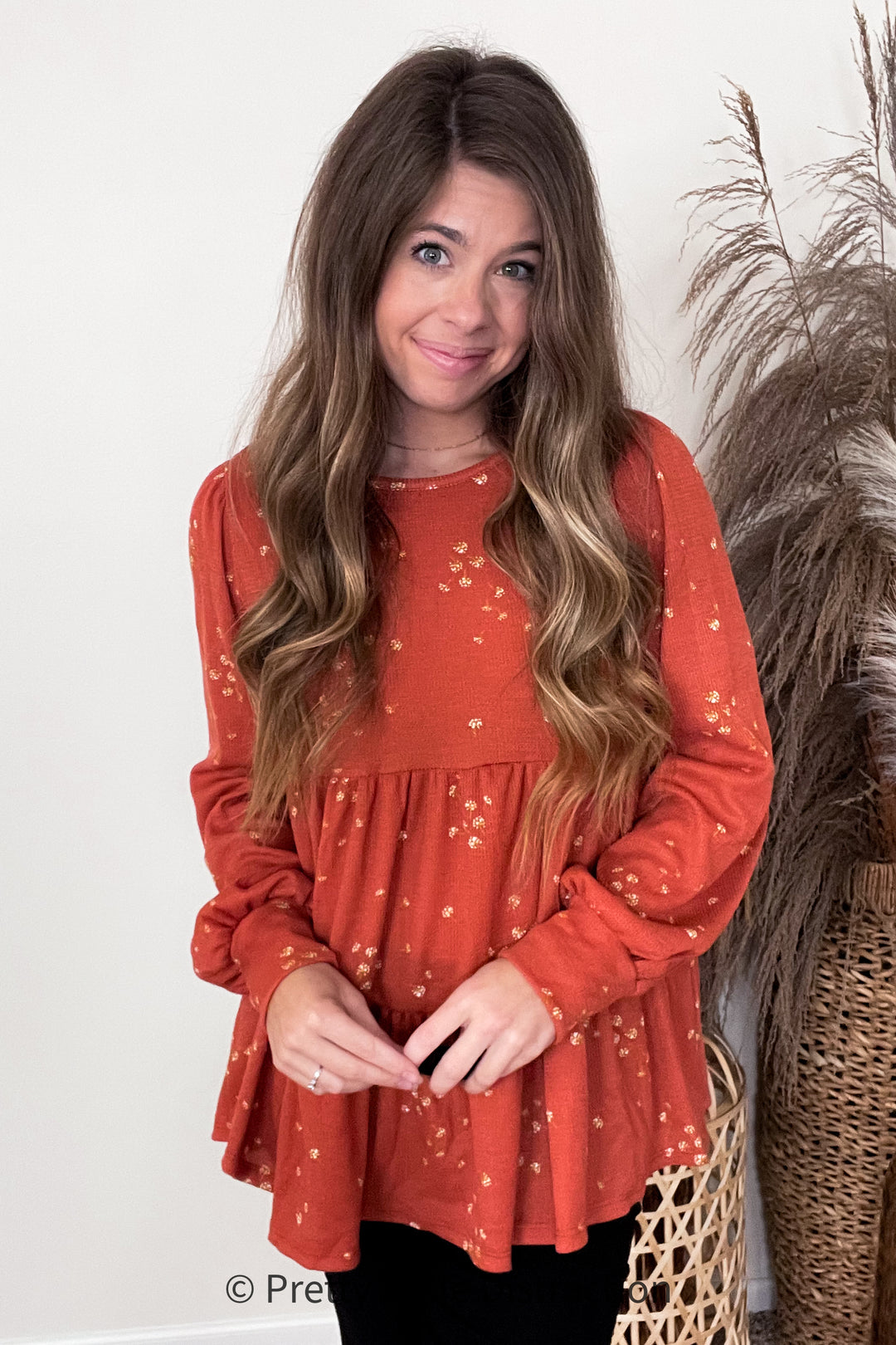 Hello Beautiful Rust Ditzy Floral Thermal Tiered Babydoll Top