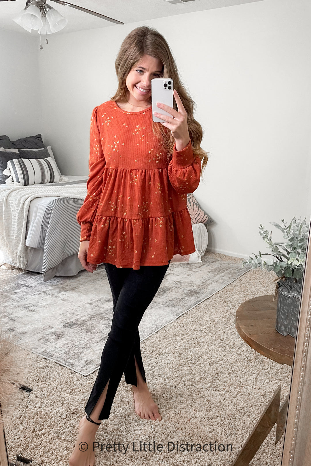 Hello Beautiful Rust Ditzy Floral Thermal Tiered Babydoll Top