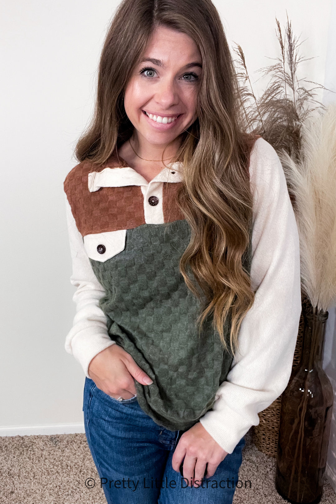 Face The Day Olive & Brown Embossed Checkered Button Down Sweater Top