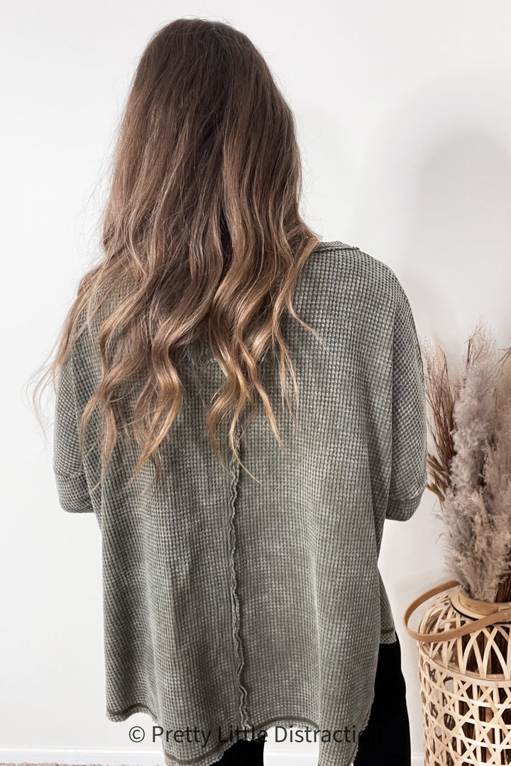 All In A Day Olive Mineral Wash Waffle Oversized Cut Edge Top