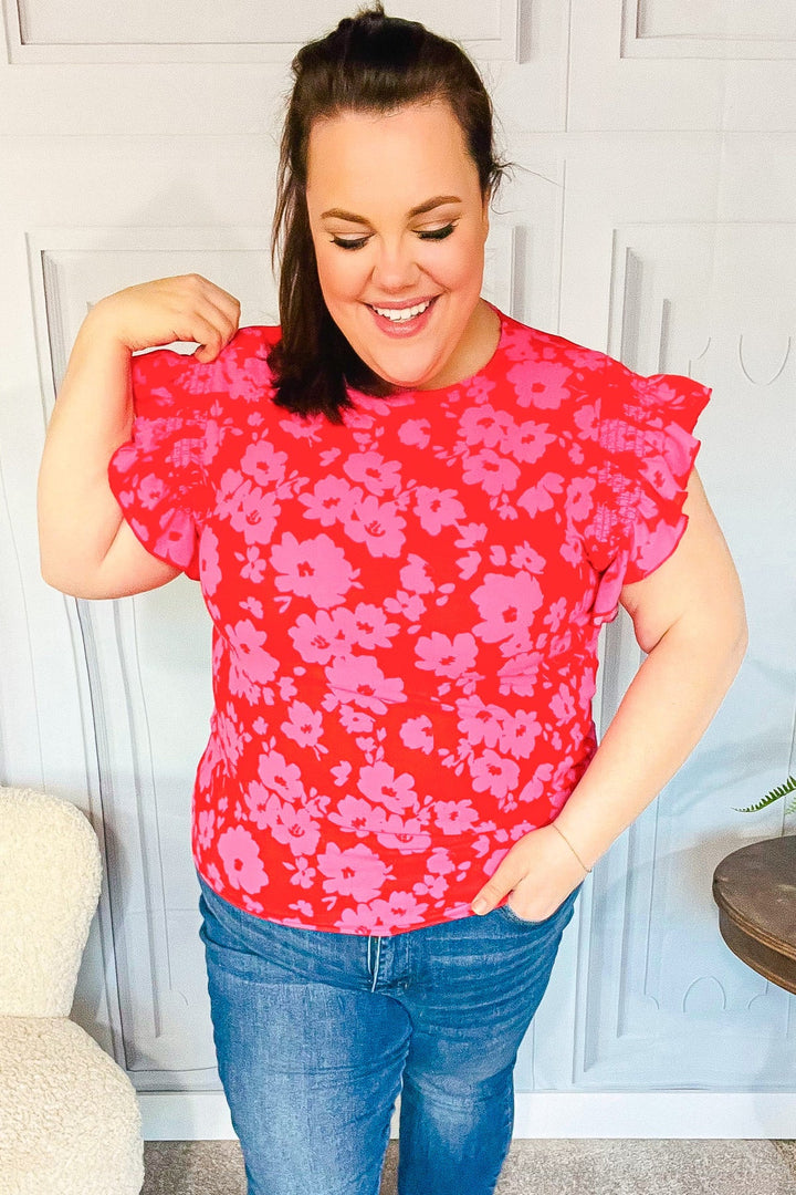 All The Frills Red & Fuchsia Floral Smocked Ruffle Sleeve Top