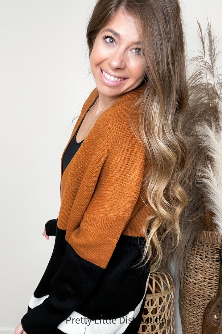 Layer Me Up Rust & Black Color Block Knit Open Cardigan