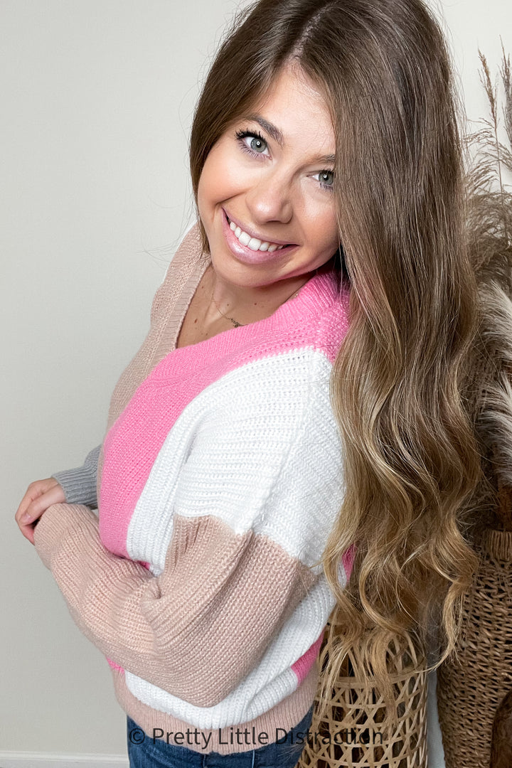 Pink & Taupe V Neck Color Block Sweater Top