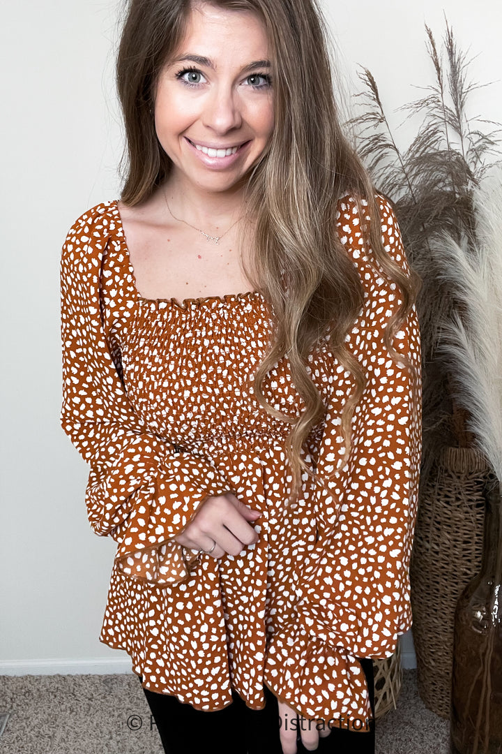 Rust Leopard Print Smocked Ruffle Hem Top