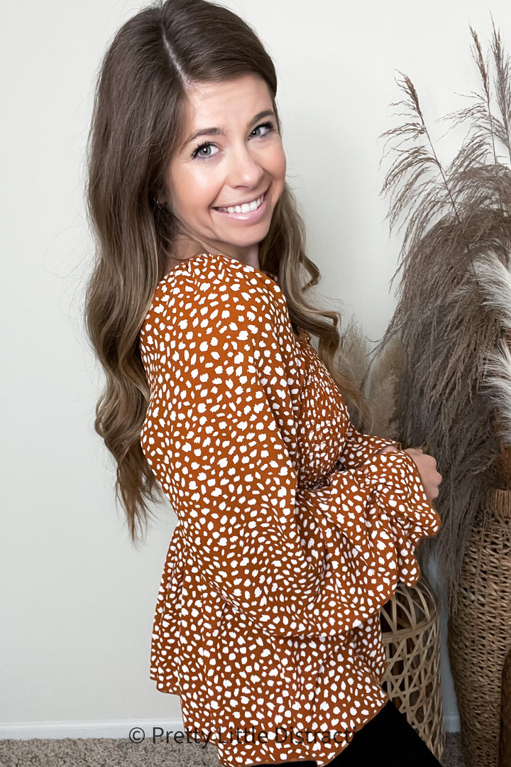 Rust Leopard Print Smocked Ruffle Hem Top