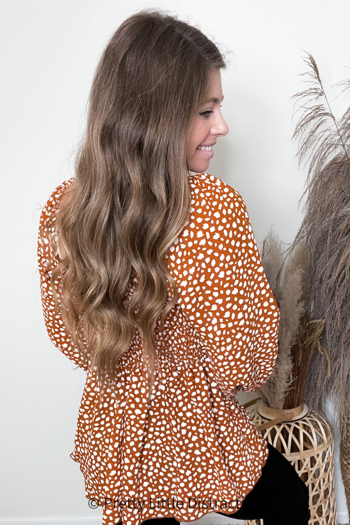 Rust Leopard Print Smocked Ruffle Hem Top