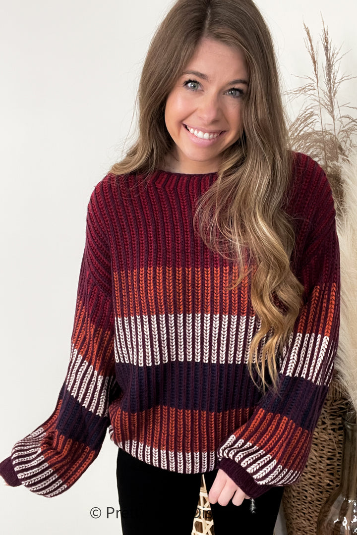 Take All Of Me Burgundy & Navy Stripe Oversized Sweater