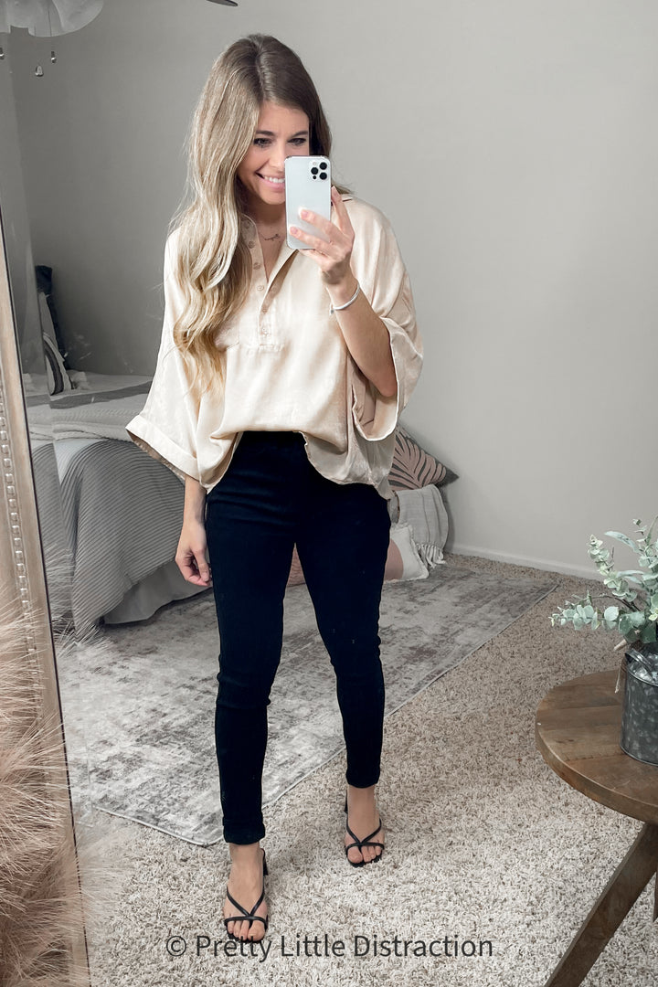 In Your Thoughts Oversized Dolman Sleeve Top in Champagne