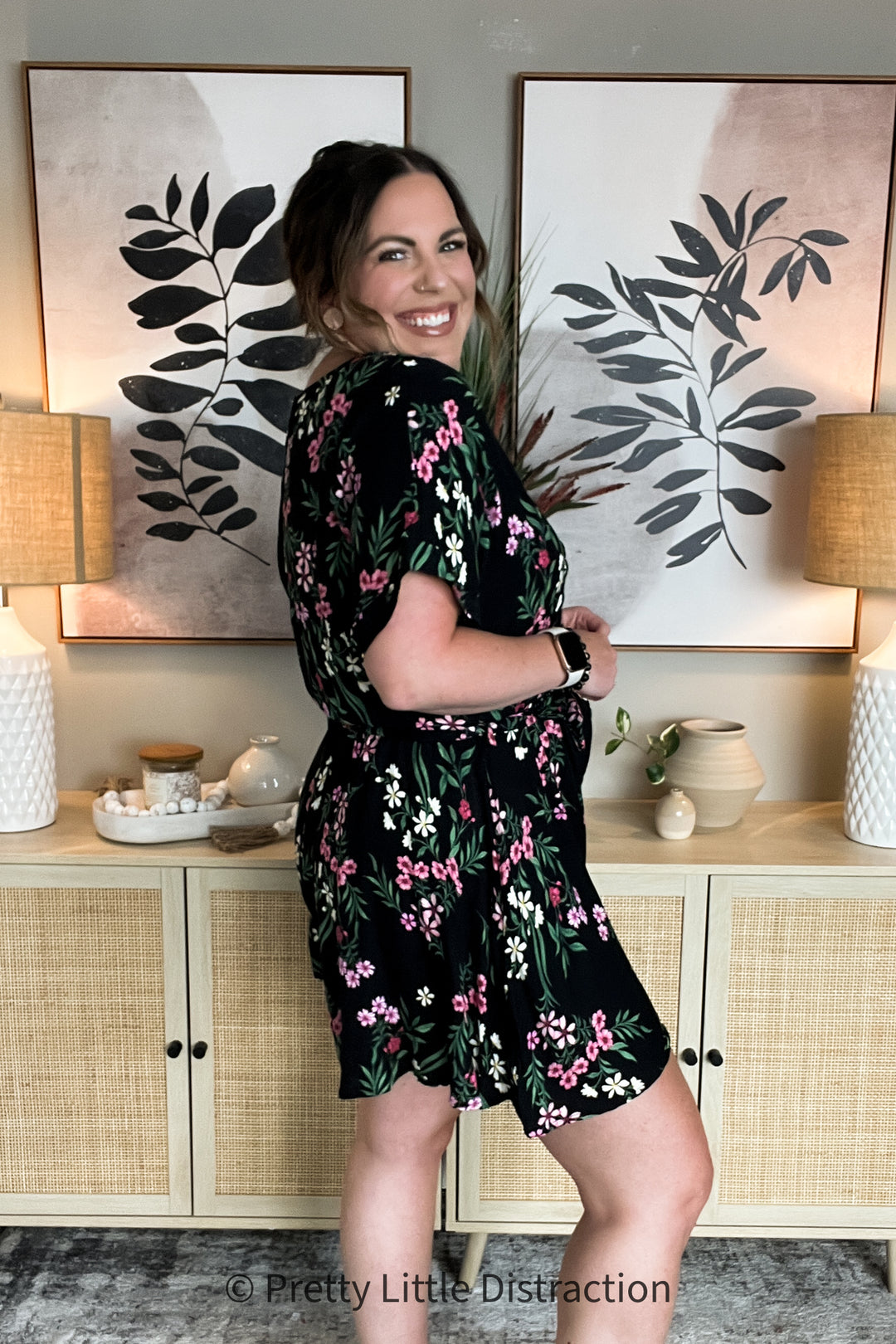 Black & Floral Surplice Short Sleeve Pocketed Romper