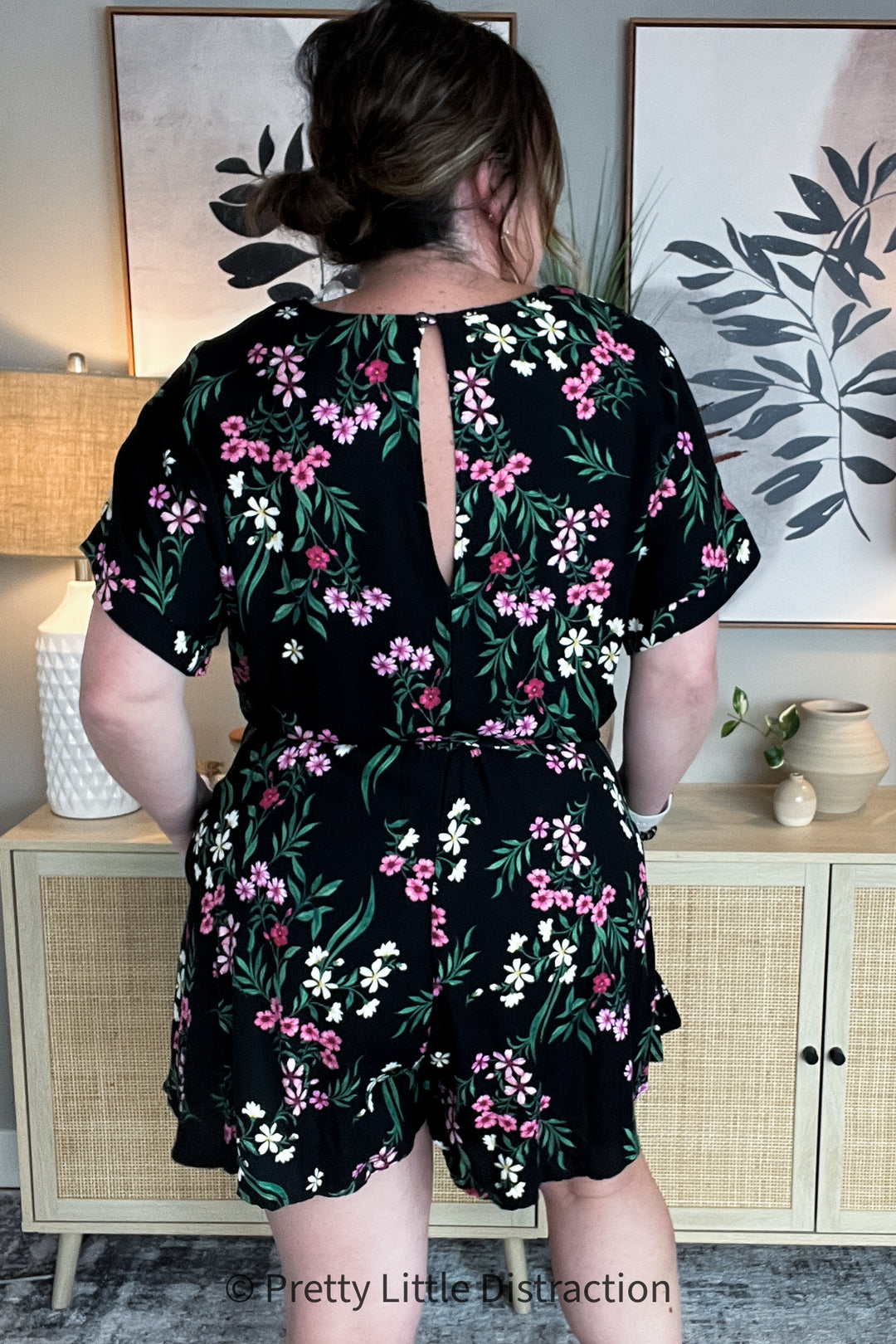 Black & Floral Surplice Short Sleeve Pocketed Romper
