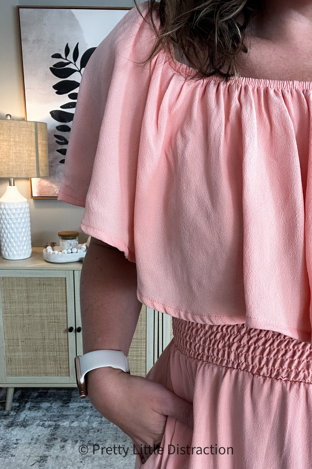 Coral off Shoulder Smocked Waist Ruffle Sleeve Midi Dress