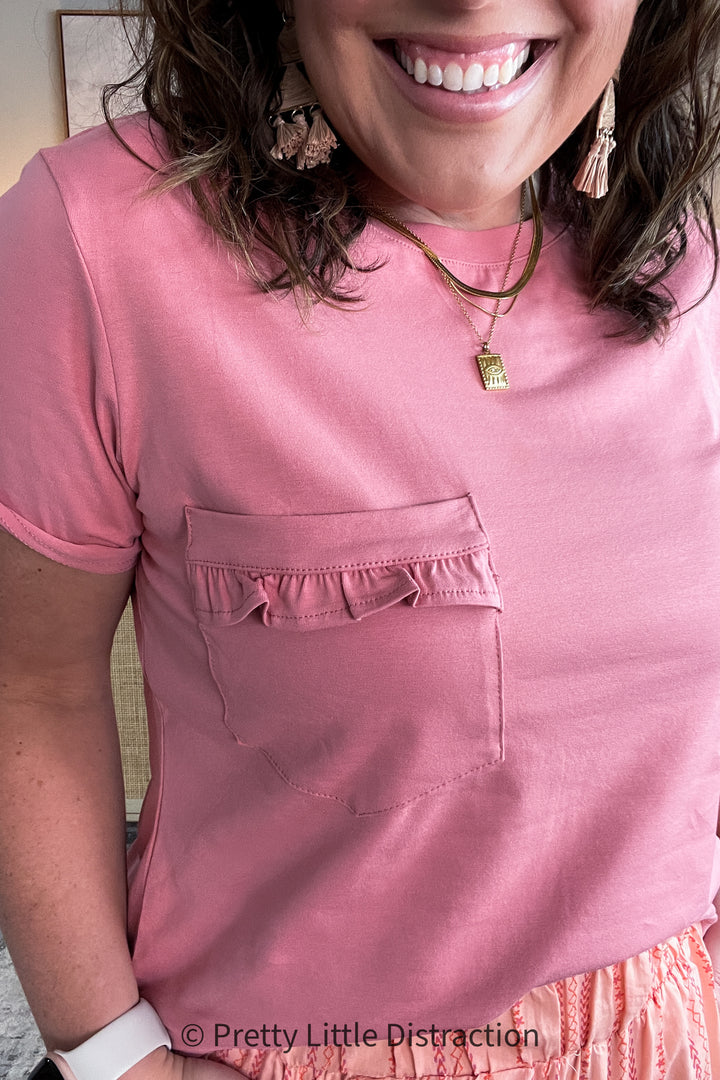 Here For Fun Ruffle Front Pocket Tee