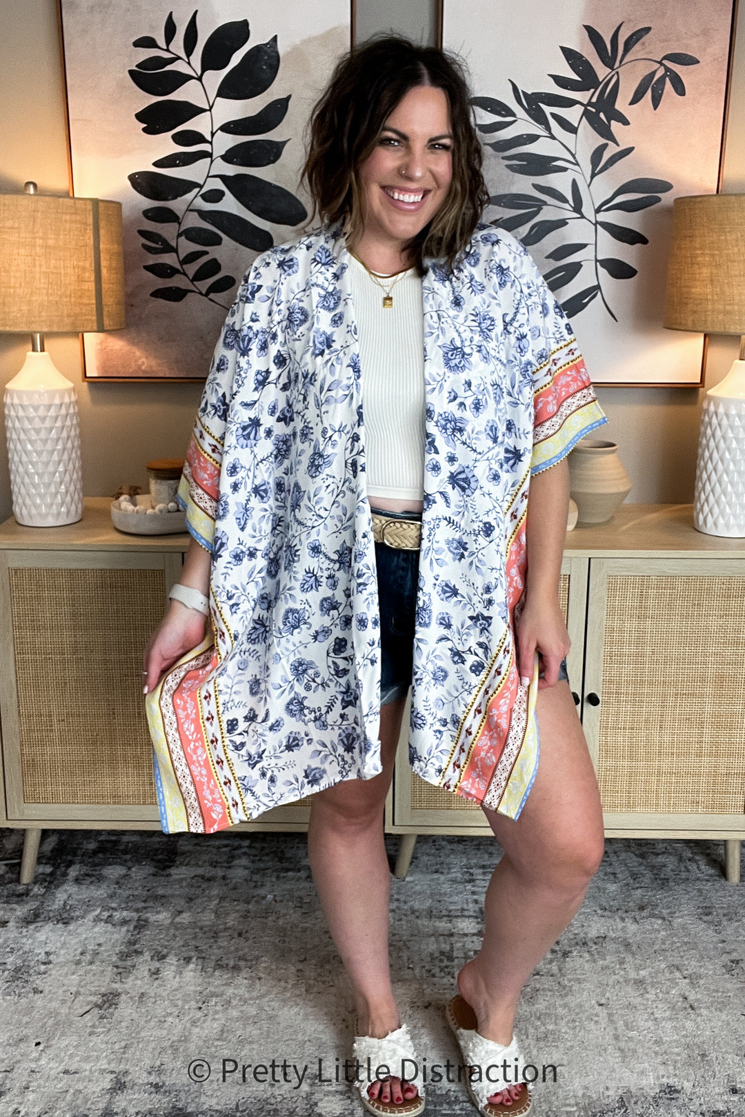Boho Floral Border Print Rayon Poplin Kimono