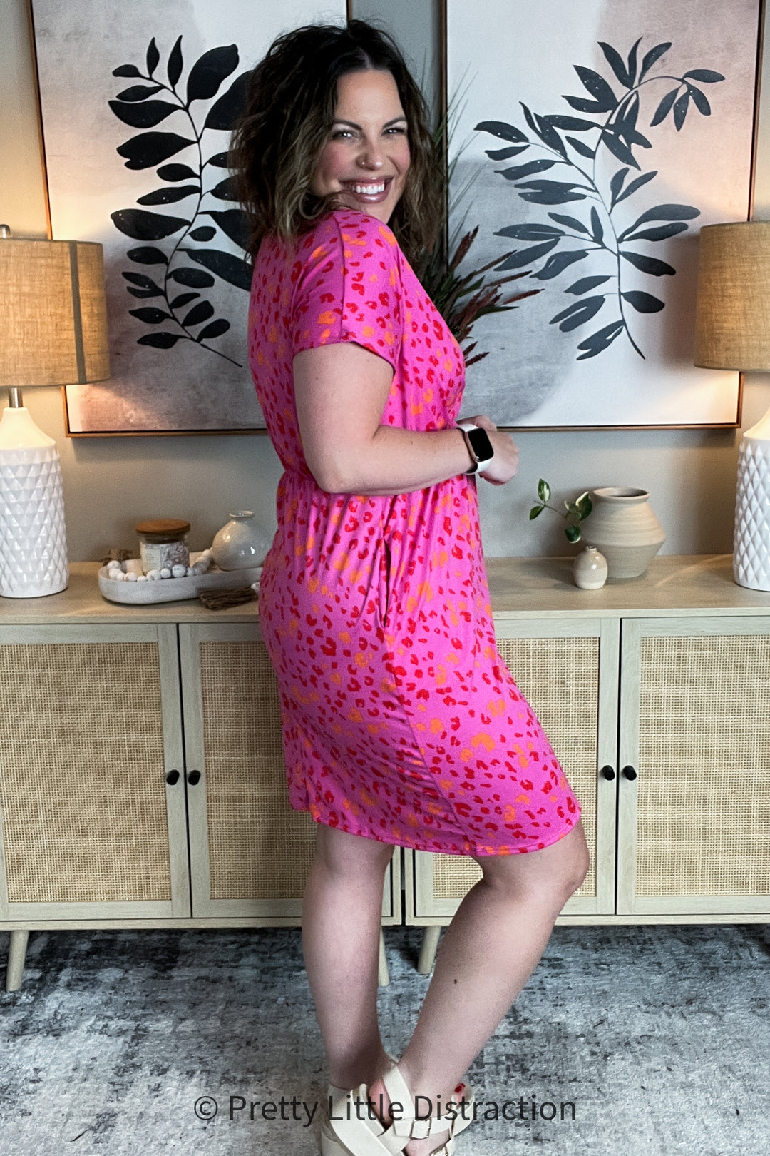 Fuchsia Leopard Surplice V Neck Pocketed Dress