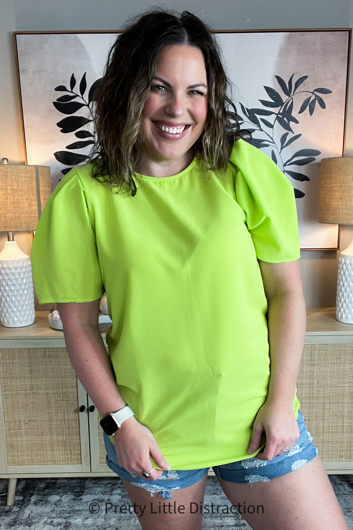 Neon Green Round Neck Puff Sleeve Crepe Top