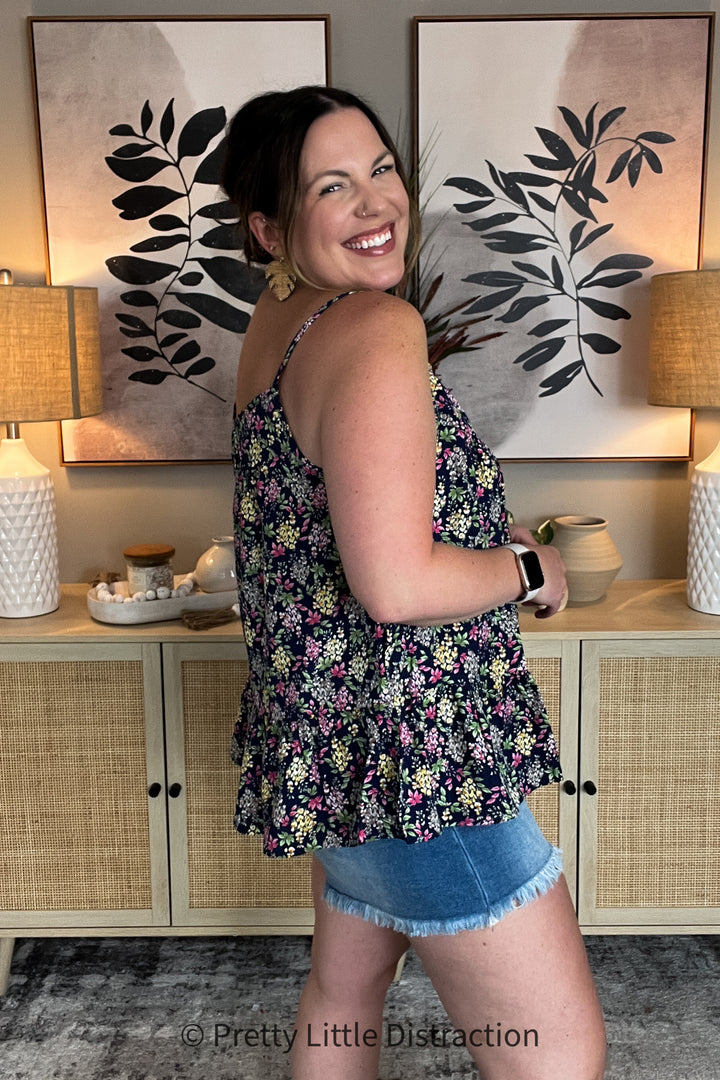Navy Floral Ruffle Hem Sleeveless Top