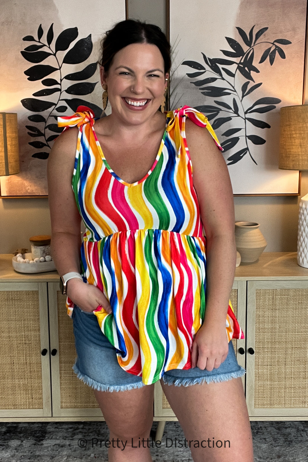 Multicolor Wavy Stripe Shoulder Tie Detail Top