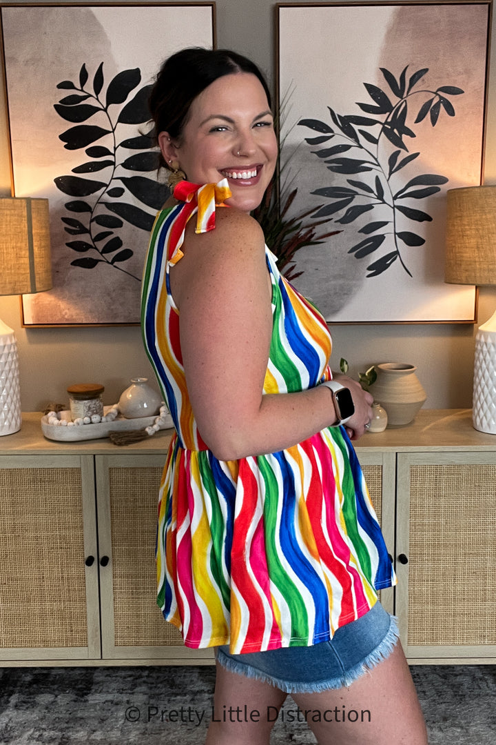Multicolor Wavy Stripe Shoulder Tie Detail Top