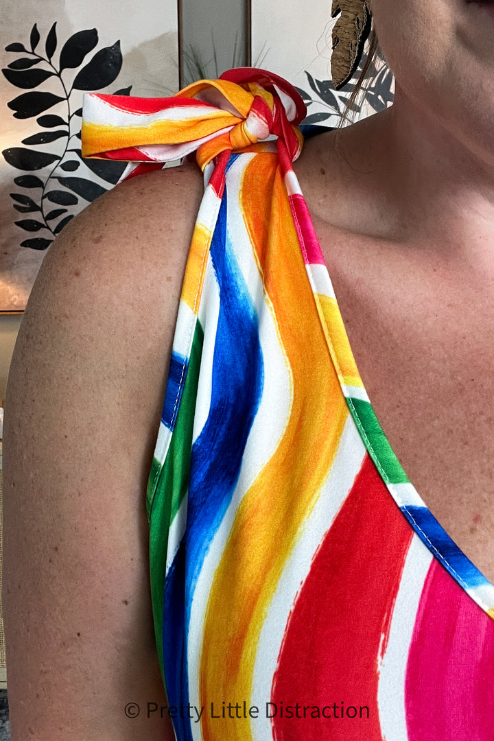 Multicolor Wavy Stripe Shoulder Tie Detail Top