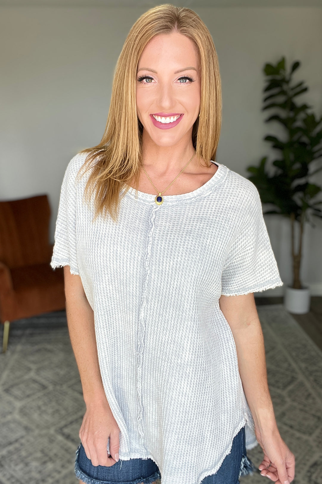 A Wink and a Smile Waffle Knit Top in Light Grey
