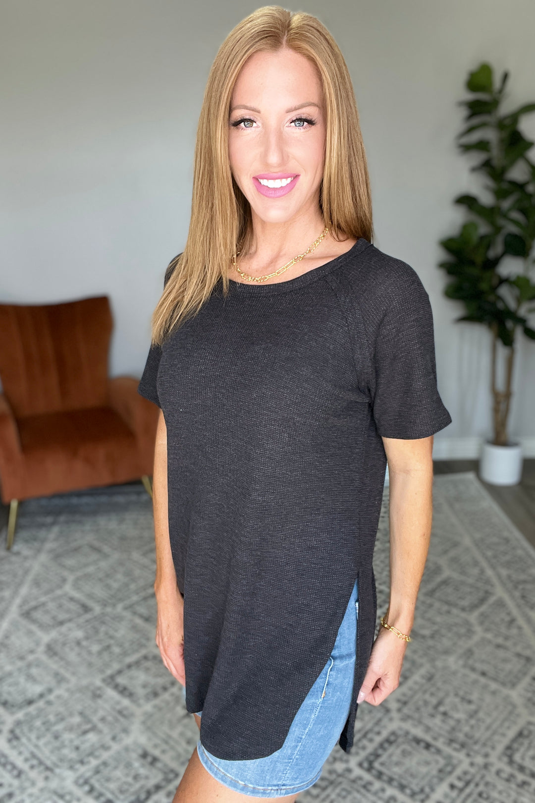 Kathleen Waffle Knit Top in Black