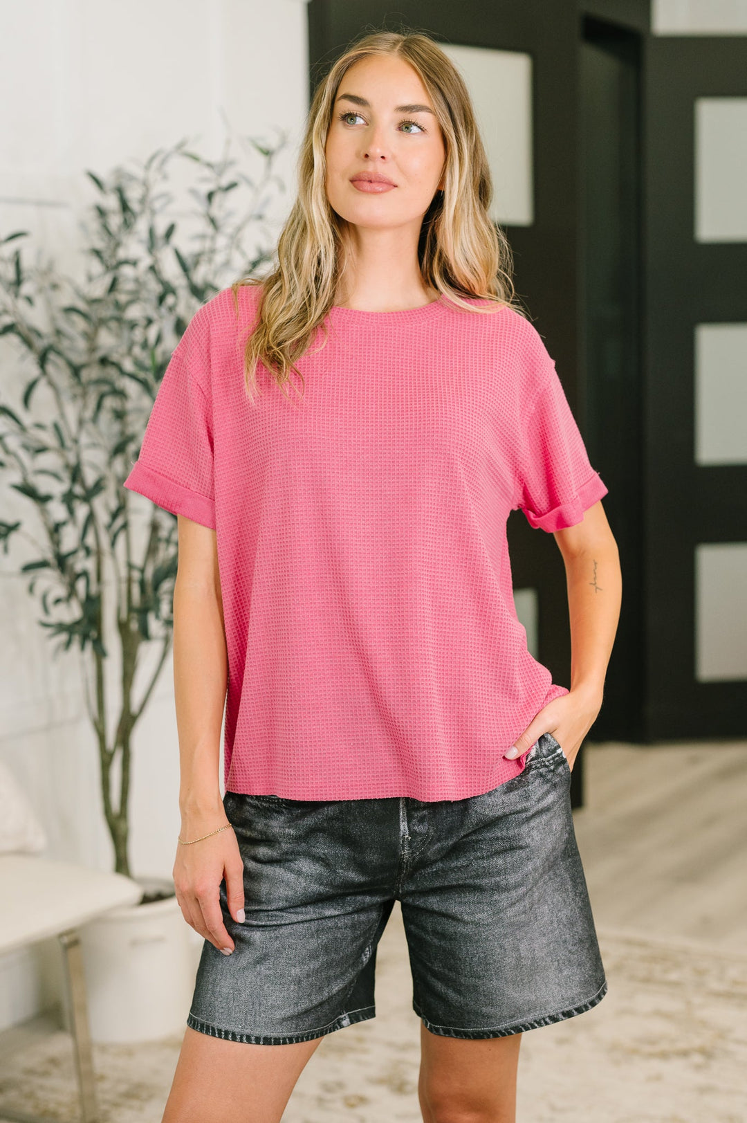 Leave It to Me Waffle Knit Relaxed Tee in  Pink