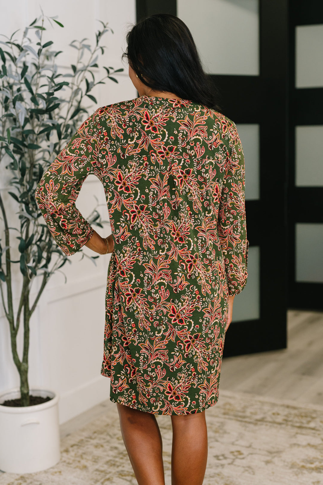Lizzy Long Sleeve Dress in Olive Paisley