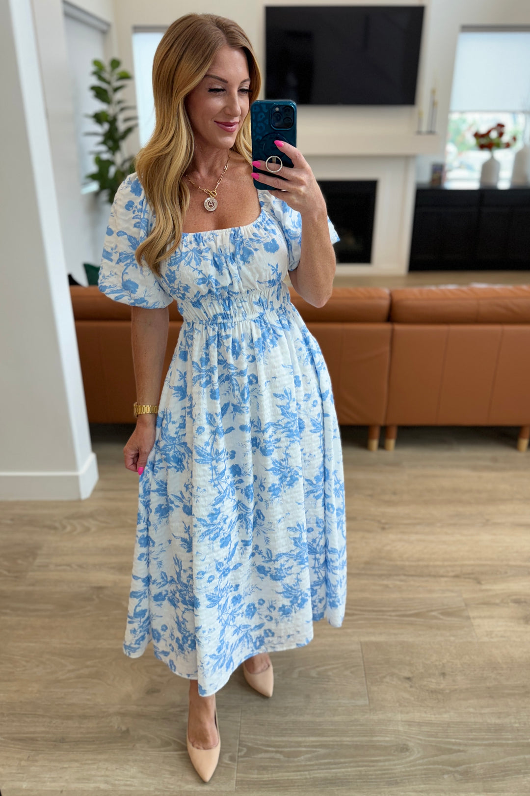 Nurturing Myself Square Neck Floral Dress in Blue