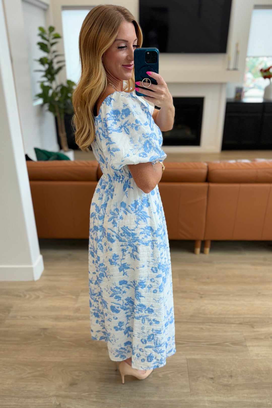 Nurturing Myself Square Neck Floral Dress in Blue