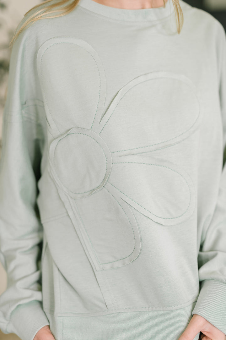 Petal Poise Floral Applique Pullover in Ivy