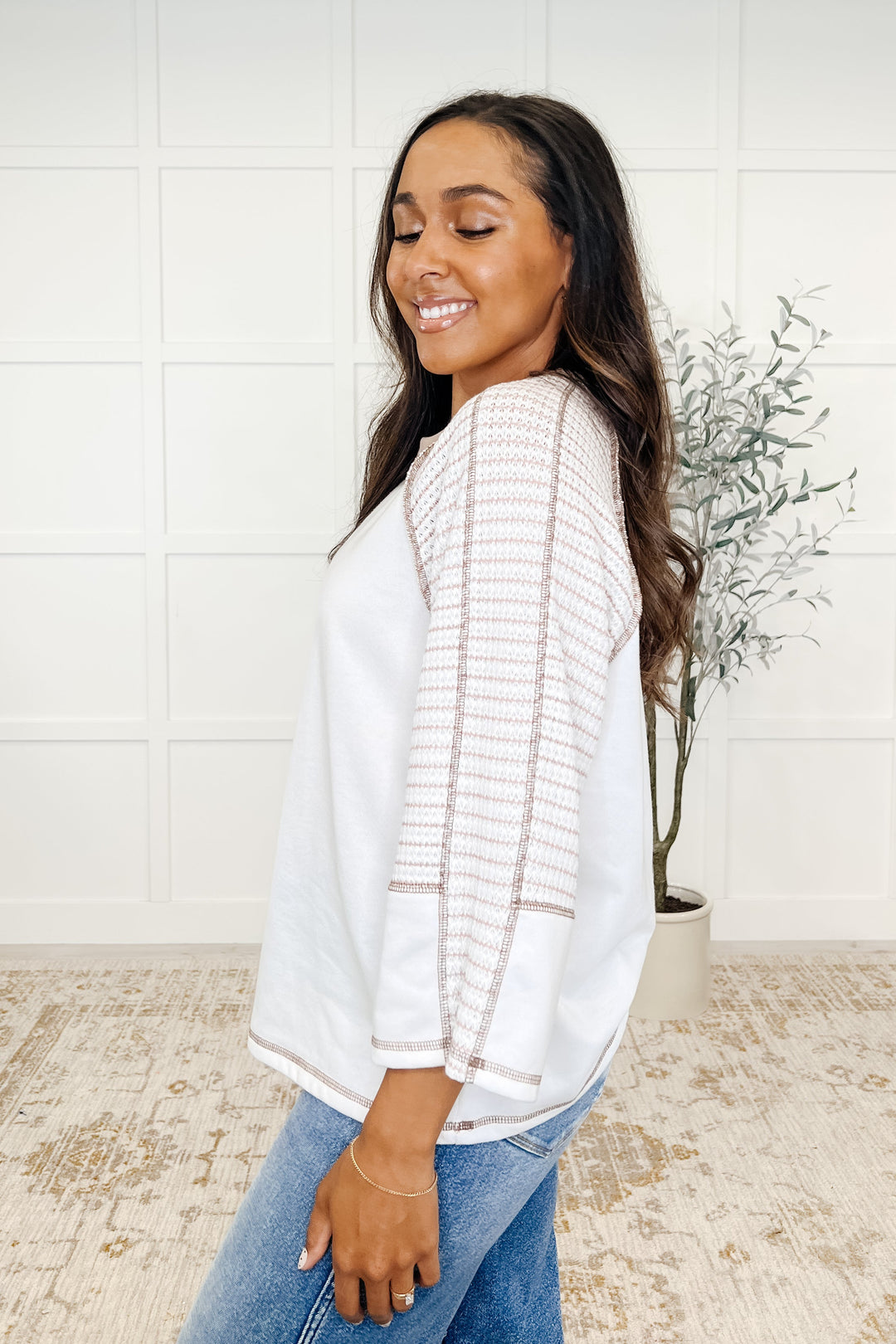 Preoccupied Striped Sleeve Top in Tan