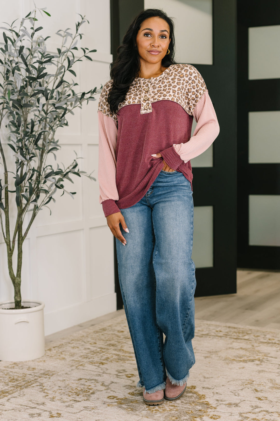 Spotted & Blocked Color Block Henley Top