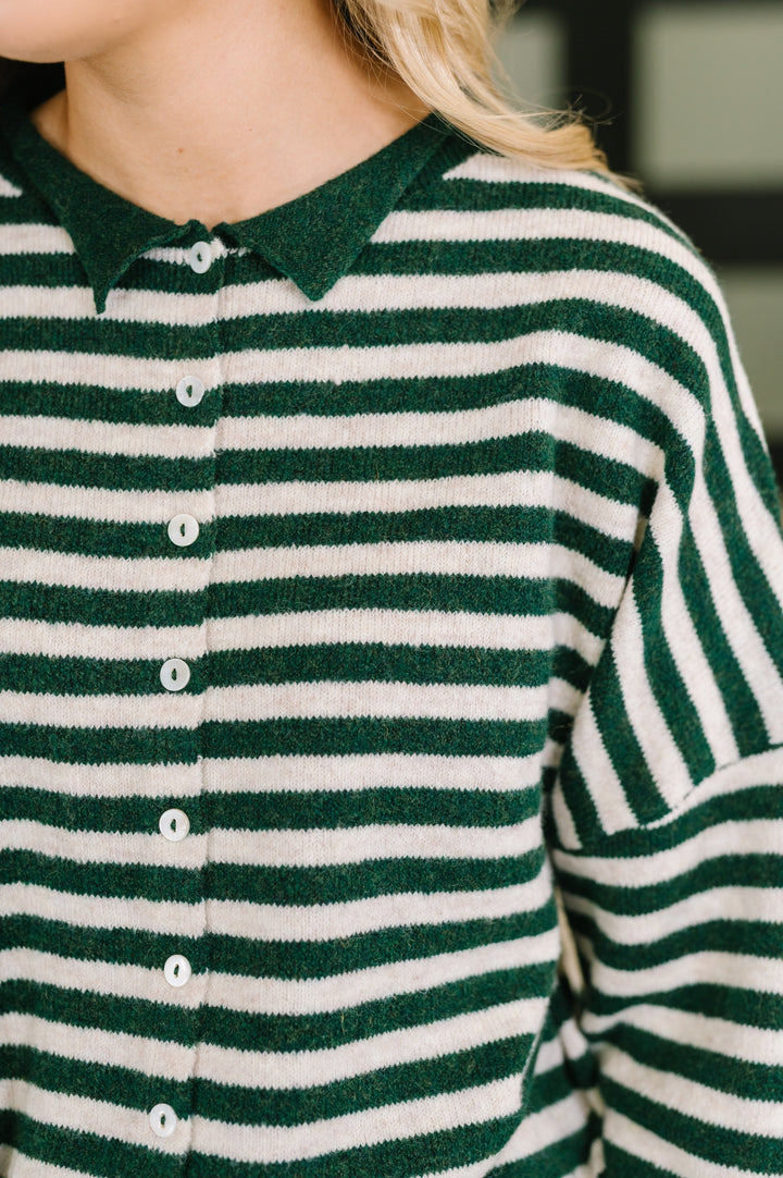Won't Be Long Collared Sweater Button Down in in Hunter Green