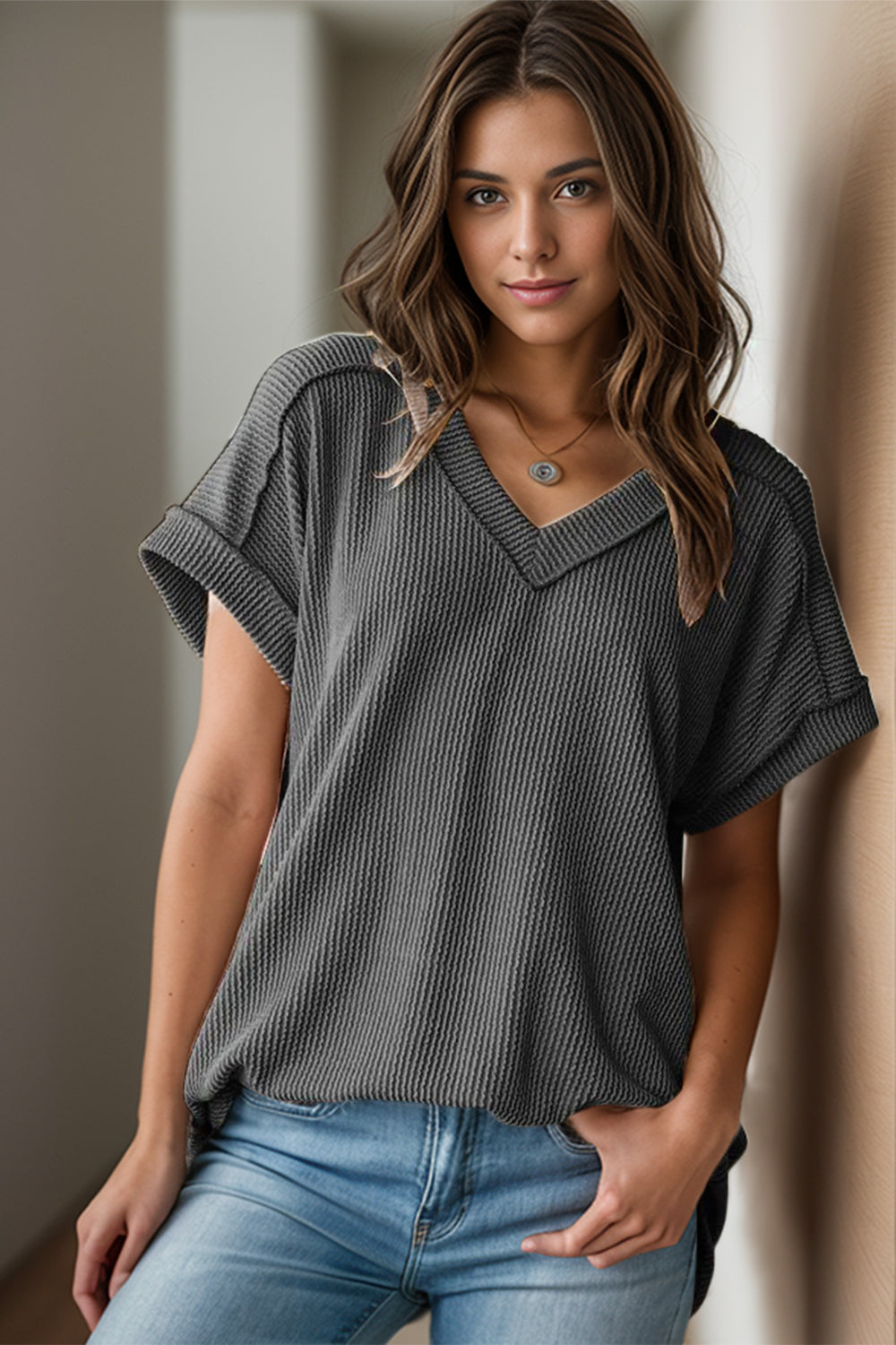 PRE-ORDER: Textured V-Neck Short Sleeve Top