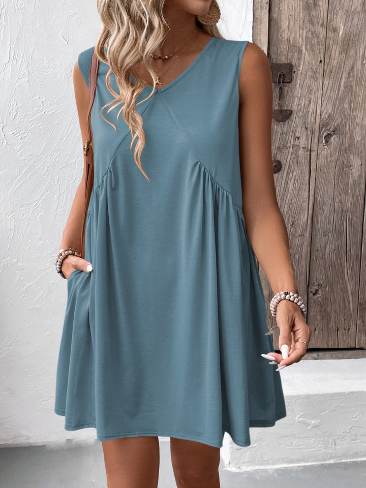 PRE-ORDER: Ruched V-Neck Sleeveless Mini Dress