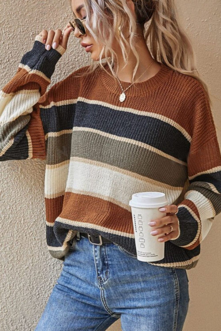 PRE-ORDER: Contrast Striped Round Neck Long Sleeve Sweater