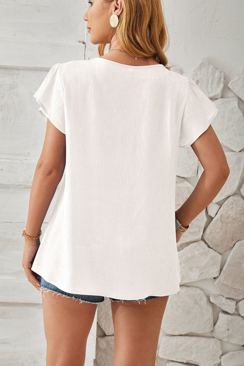 PRE-ORDER: Ruched V-Neck Flounce Sleeve Blouse