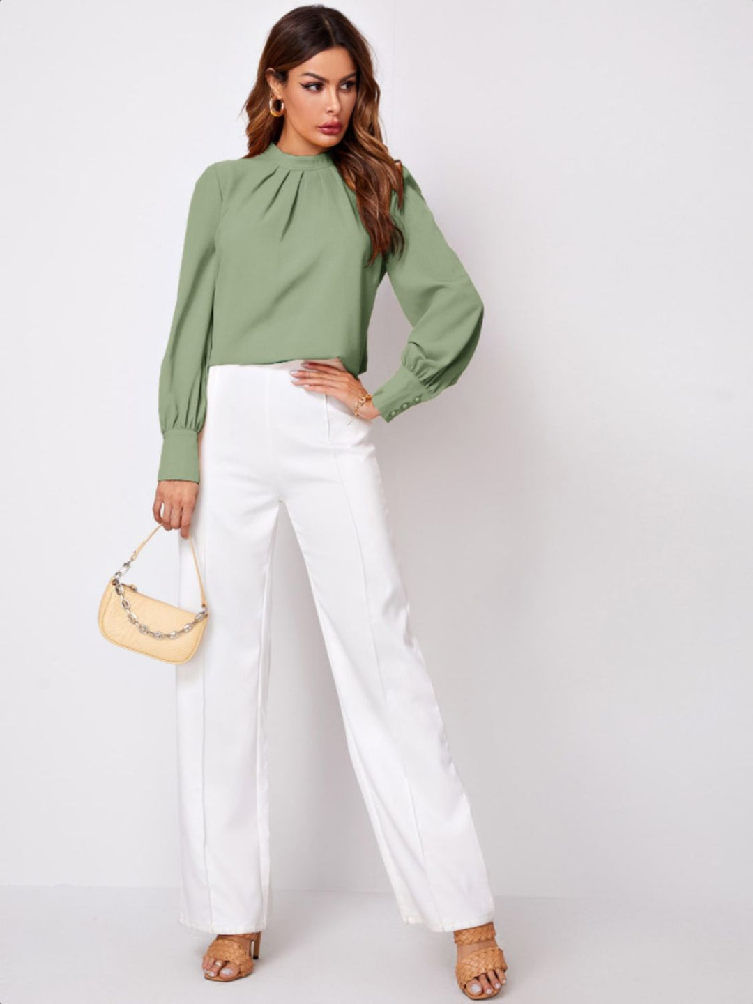 PRE-ORDER: Ruched Mock Neck Long Sleeve Blouse