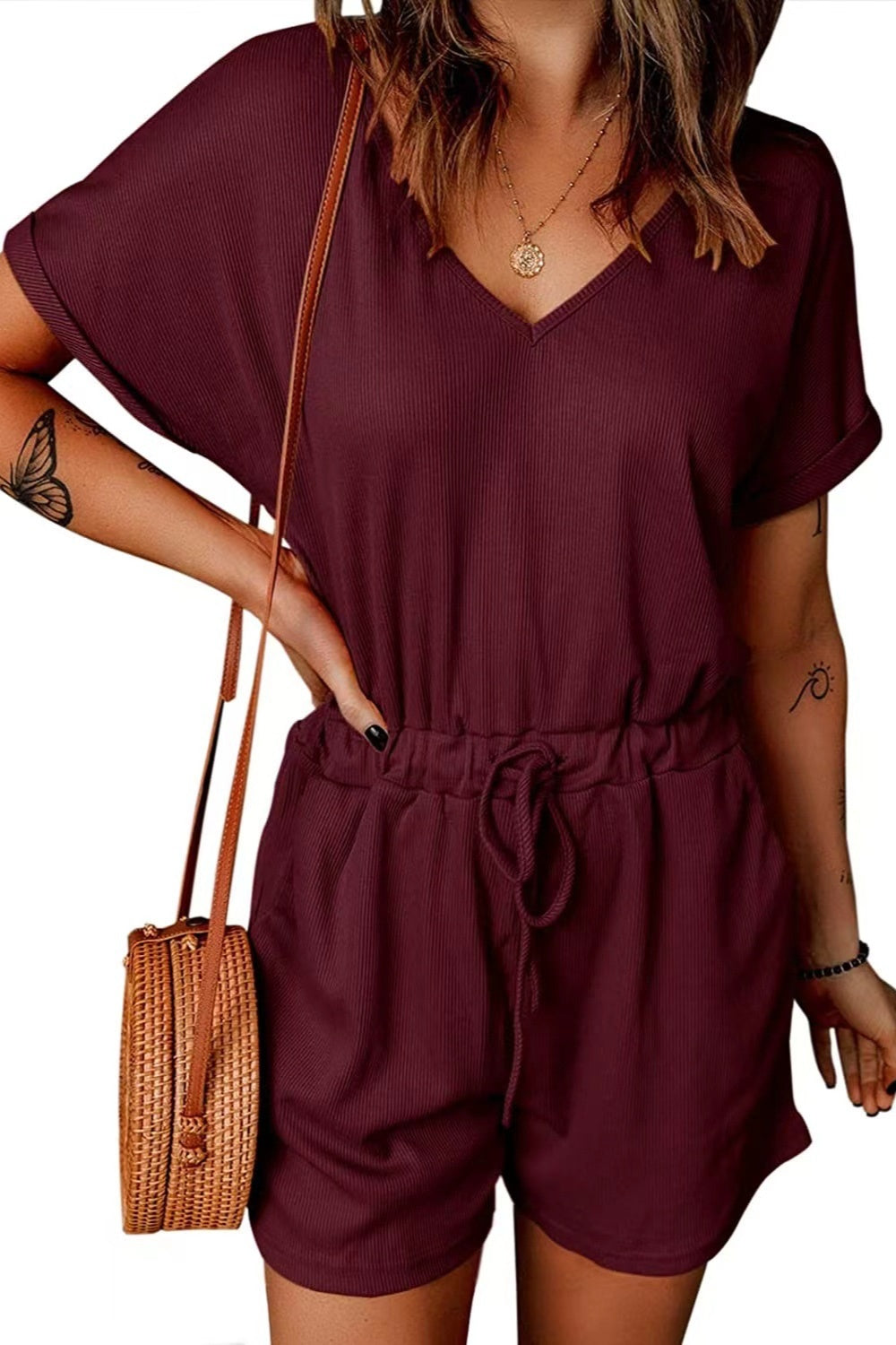 PRE-ORDER: Full Size Drawstring V-Neck Short Sleeve Romper