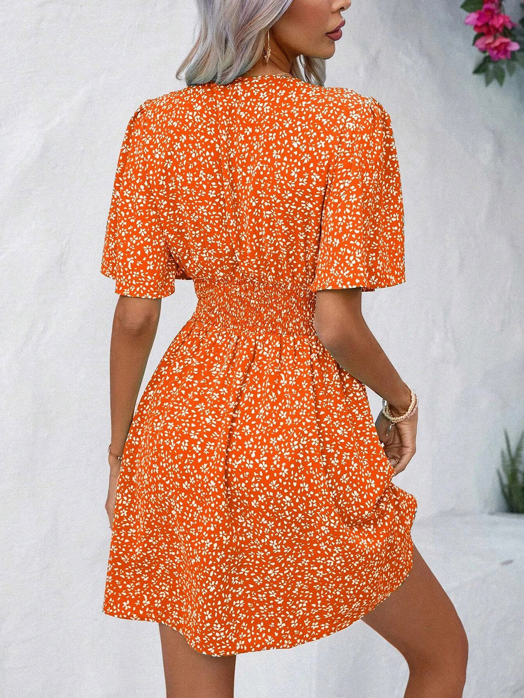 PRE-ORDER: Printed V-Neck Half Sleeve Mini Dress