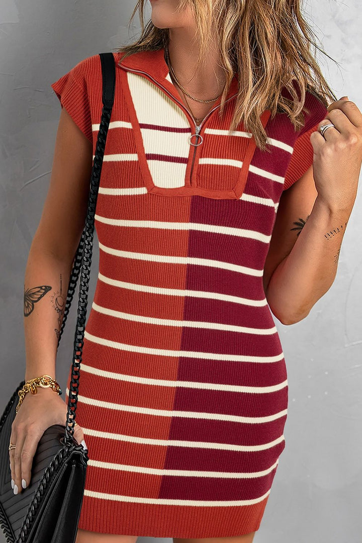 PRE-ORDER: Striped Quarter Zip Cap Sleeve Sweater Dress