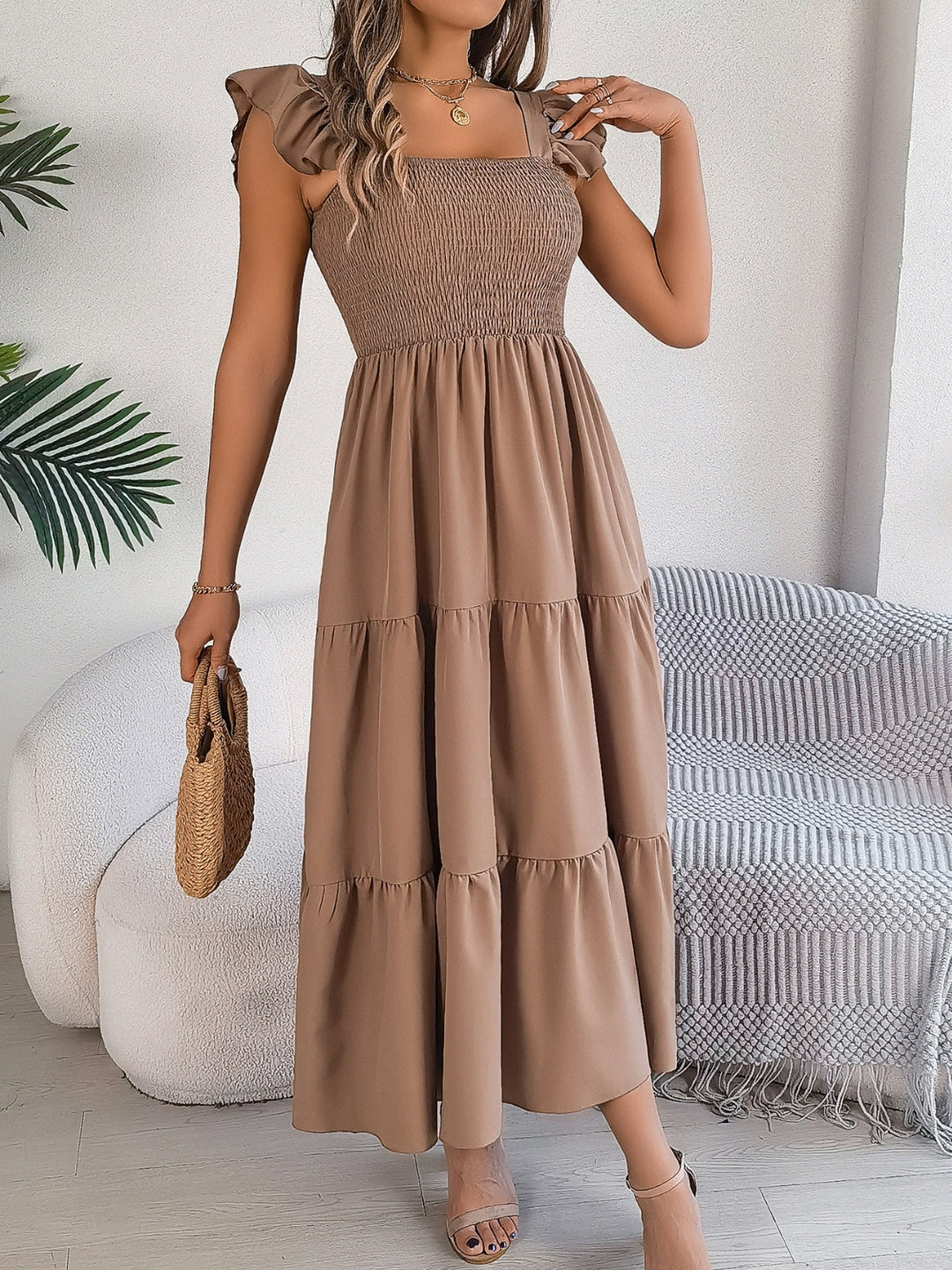 PRE-ORDER: Smocked Square Neck Cap Sleeve Midi Dress