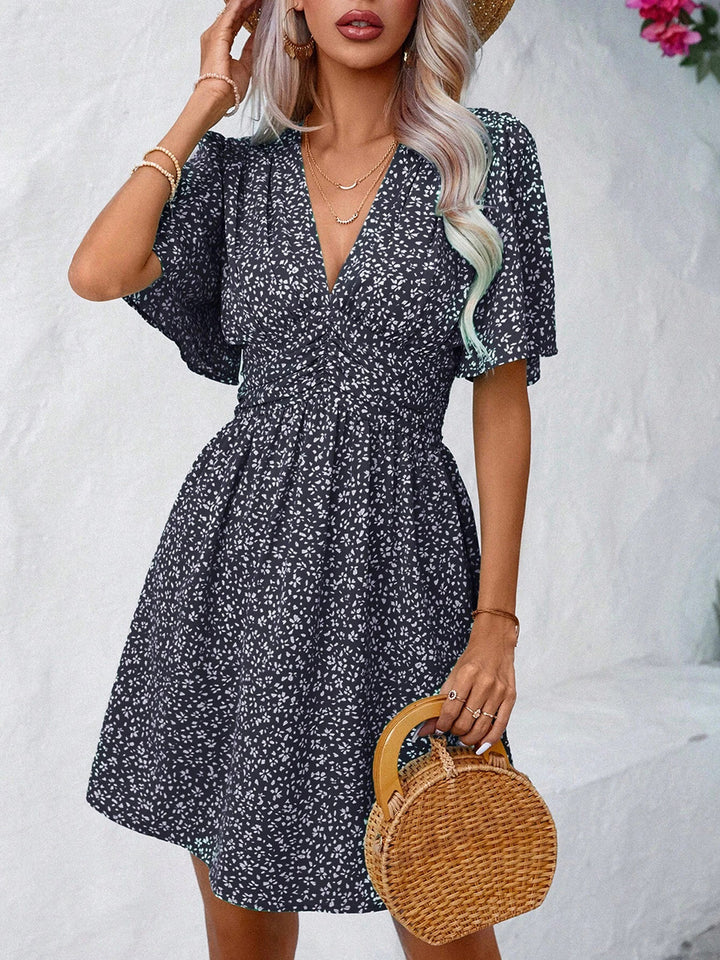 PRE-ORDER: Printed V-Neck Half Sleeve Mini Dress