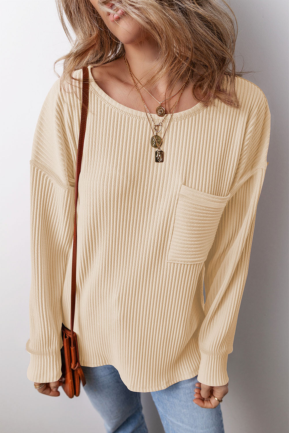 PRE-ORDER: Pocketed Round Neck Long Sleeve Top