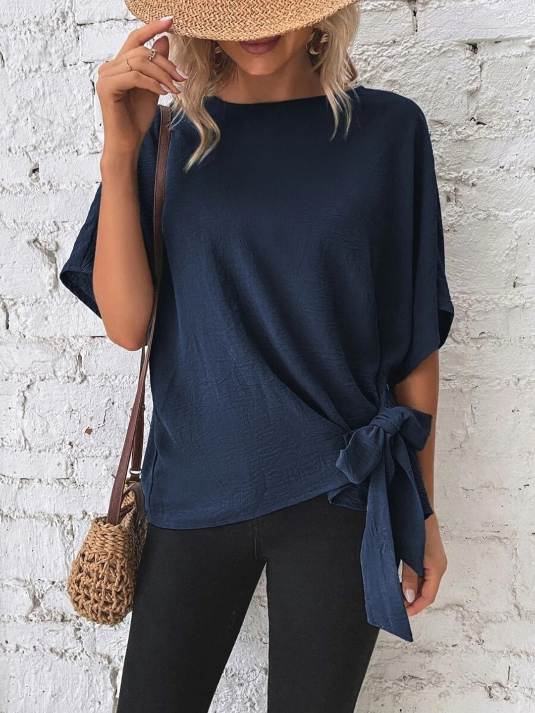 PRE-ORDER: Knotted Round Neck Half Sleeve Blouse