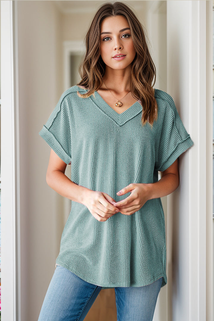 PRE-ORDER: Textured V-Neck Short Sleeve Top