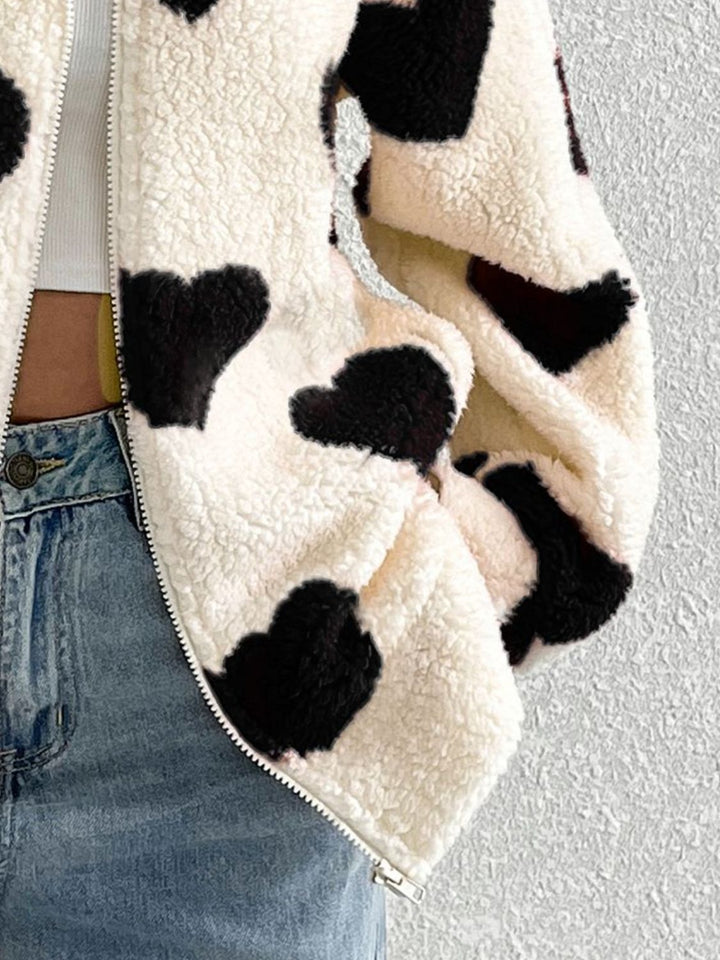 PRE-ORDER: Heart Zip Up Drop Shoulder Furry Jacket