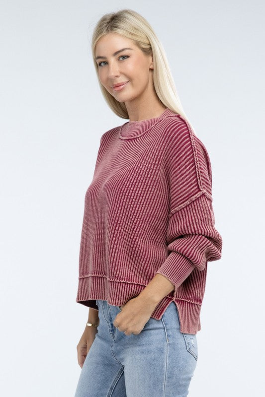 Washed Side Slit Oversized Cropped Sweater