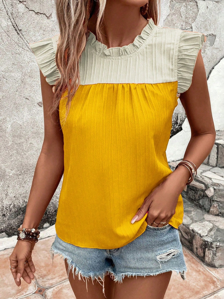 PRE-ORDER: Frill Contrast Round Neck Cap Sleeve Blouse