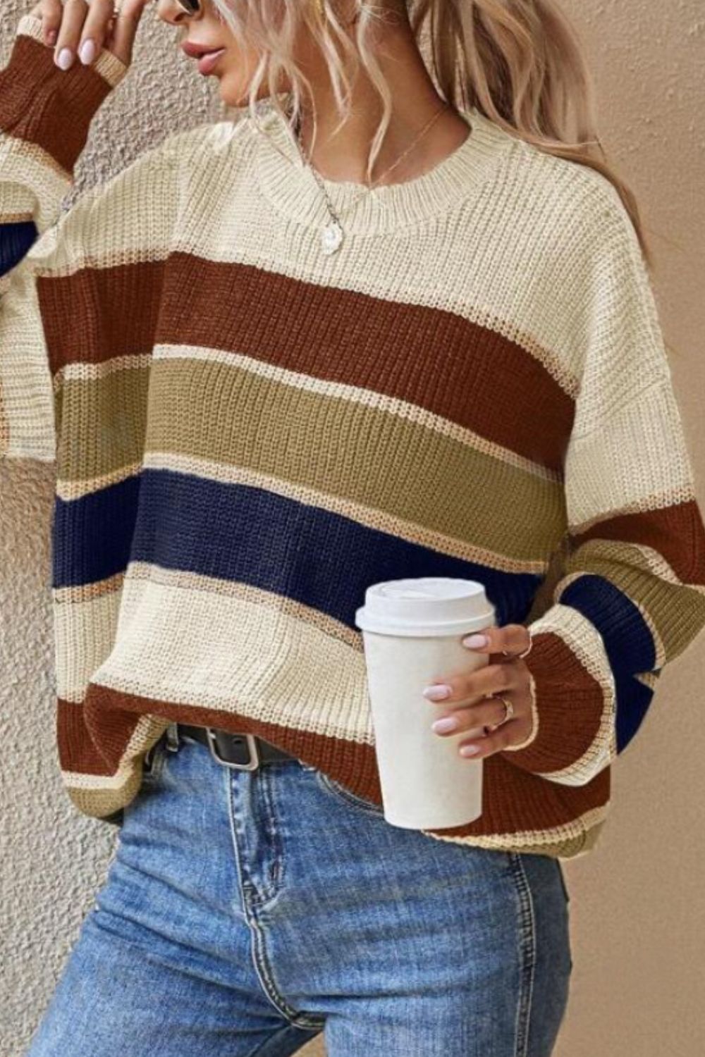 PRE-ORDER: Contrast Striped Round Neck Long Sleeve Sweater